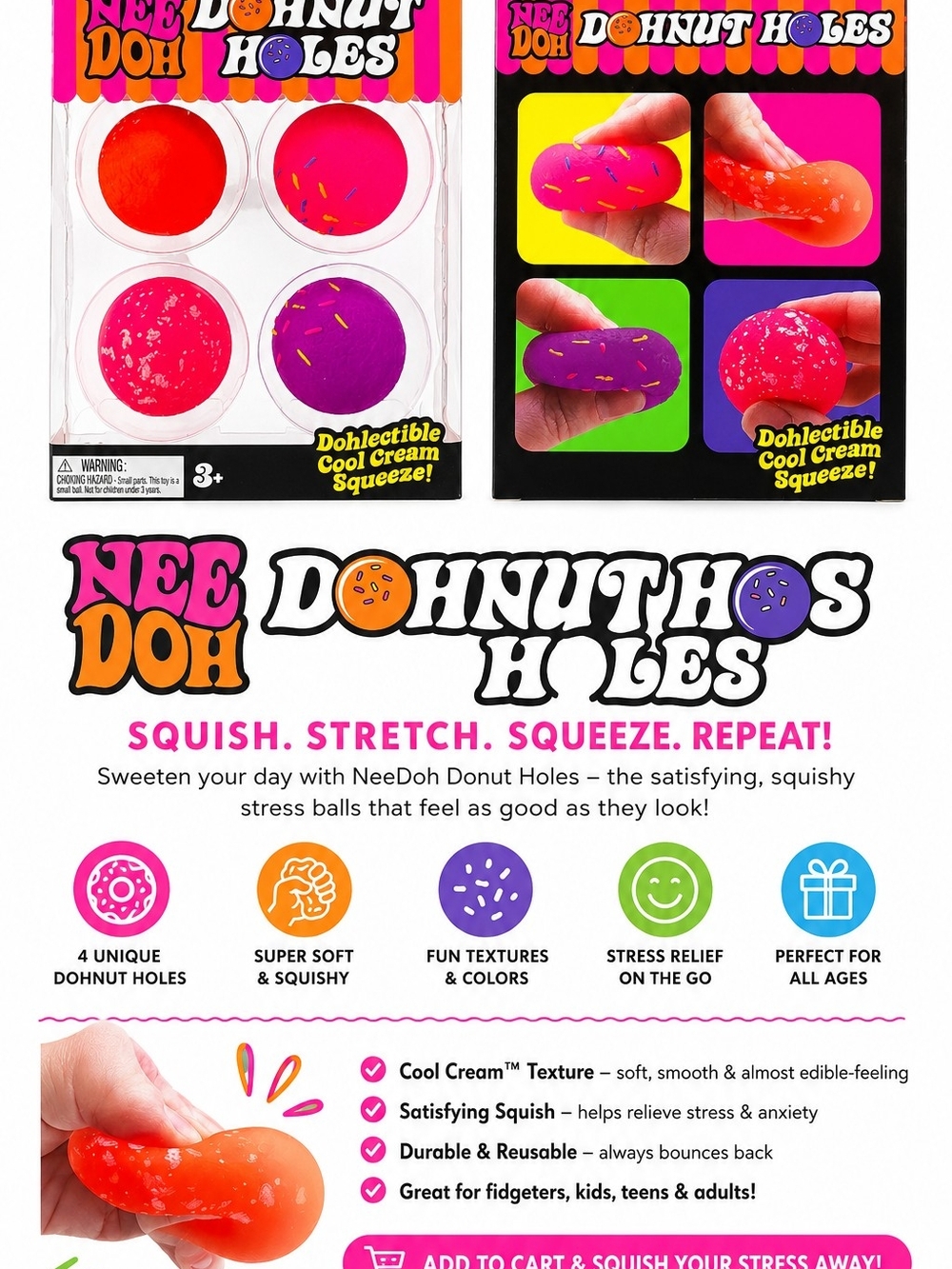 NeeDoh Donut Holes Squishy Stress Balls 4 Pack Sensory Fidget Toy Cool Cream